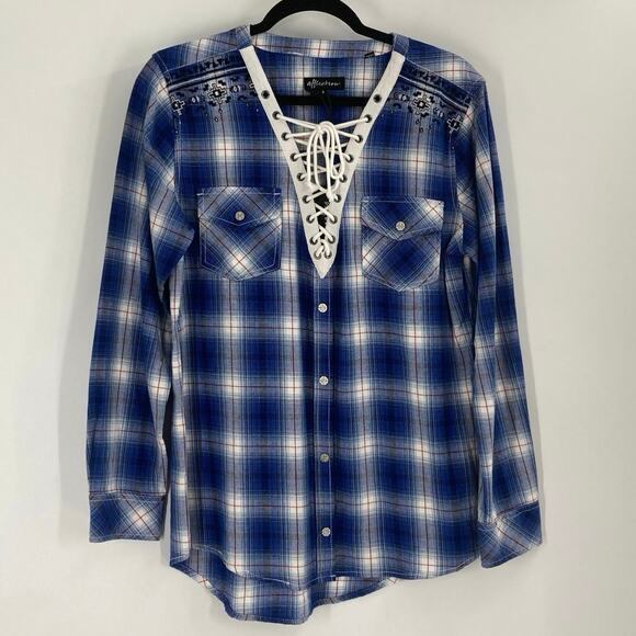Affliction Lace Up Western Aztec Embroidered Snap Up Blue Plaid Women Small NEW - Picture 3 of 14